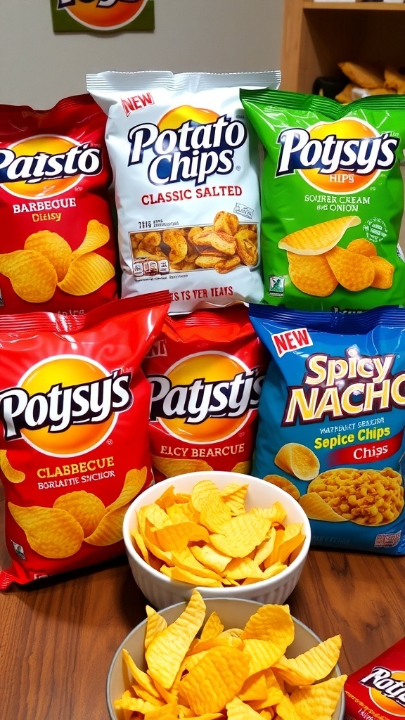Popular Potato Chips Brands A variety of potato chips bags from different brands including Lay